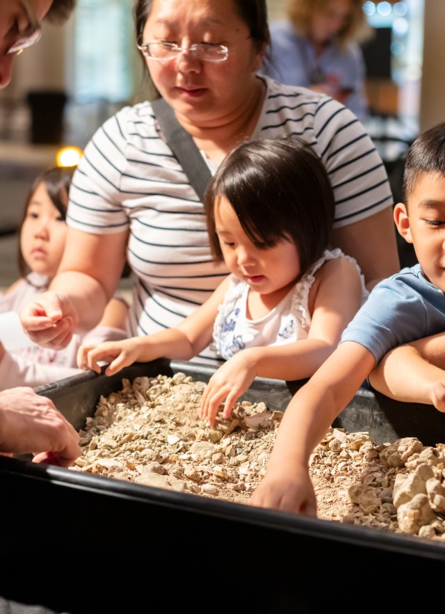 Children and parents look at fossils in the Grand Foyer during Homeschool Day at the Natural History Museum