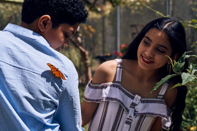 A sister looking at a butterfly that landed on her brother&#039;s back