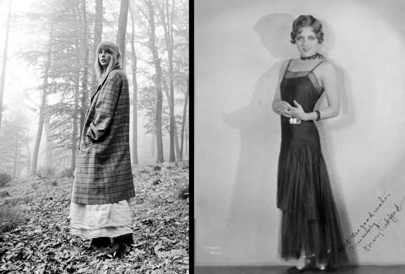 (Left) Taylor Swift photographed by Beth Garrabrant for her 2020 album “Folklore”. (Right) Archival photo of Mary Pickford (ADD DETAILS)