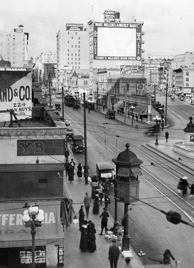 black and white image of downtown los angeles